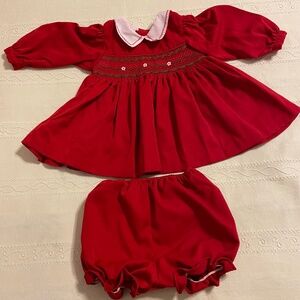 Samara Girls Red Smocked Christmas Dress Set Toddler 24 Mo Long Sleeve Vintage